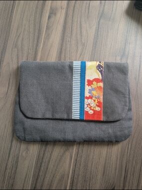 Gray Canvas Clutch with Colorful Stripe Accent